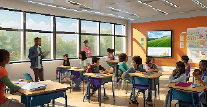 A diverse group of students in a modern classroom using technology for learning, with a teacher guiding them and large screens displaying interactive content.