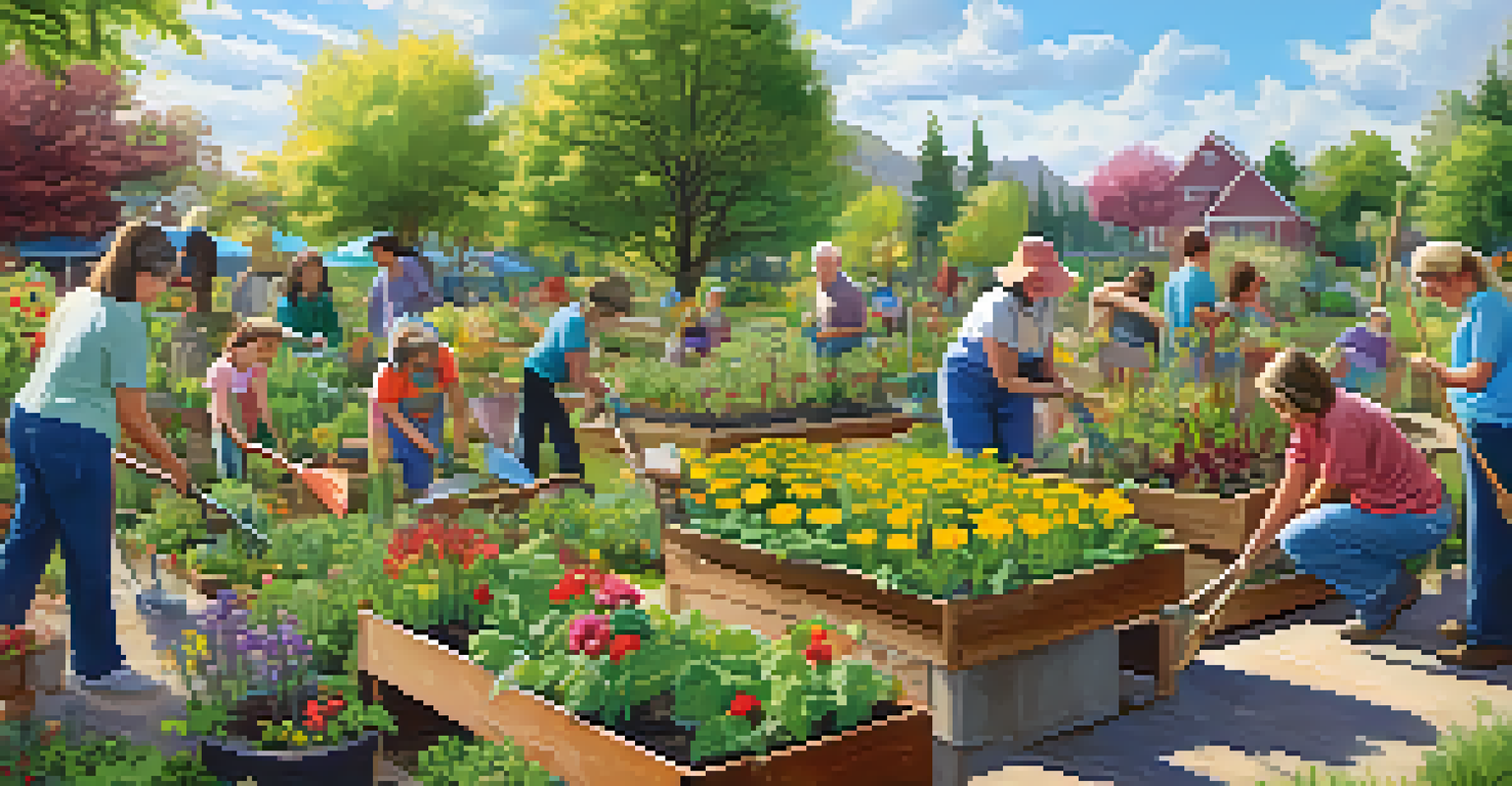 A community garden bustling with people of different ages working together to plant and care for various plants under bright sunlight.