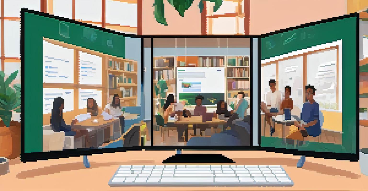 A digital classroom with students participating in a video conference, surrounded by home study materials in a warm, inviting atmosphere.