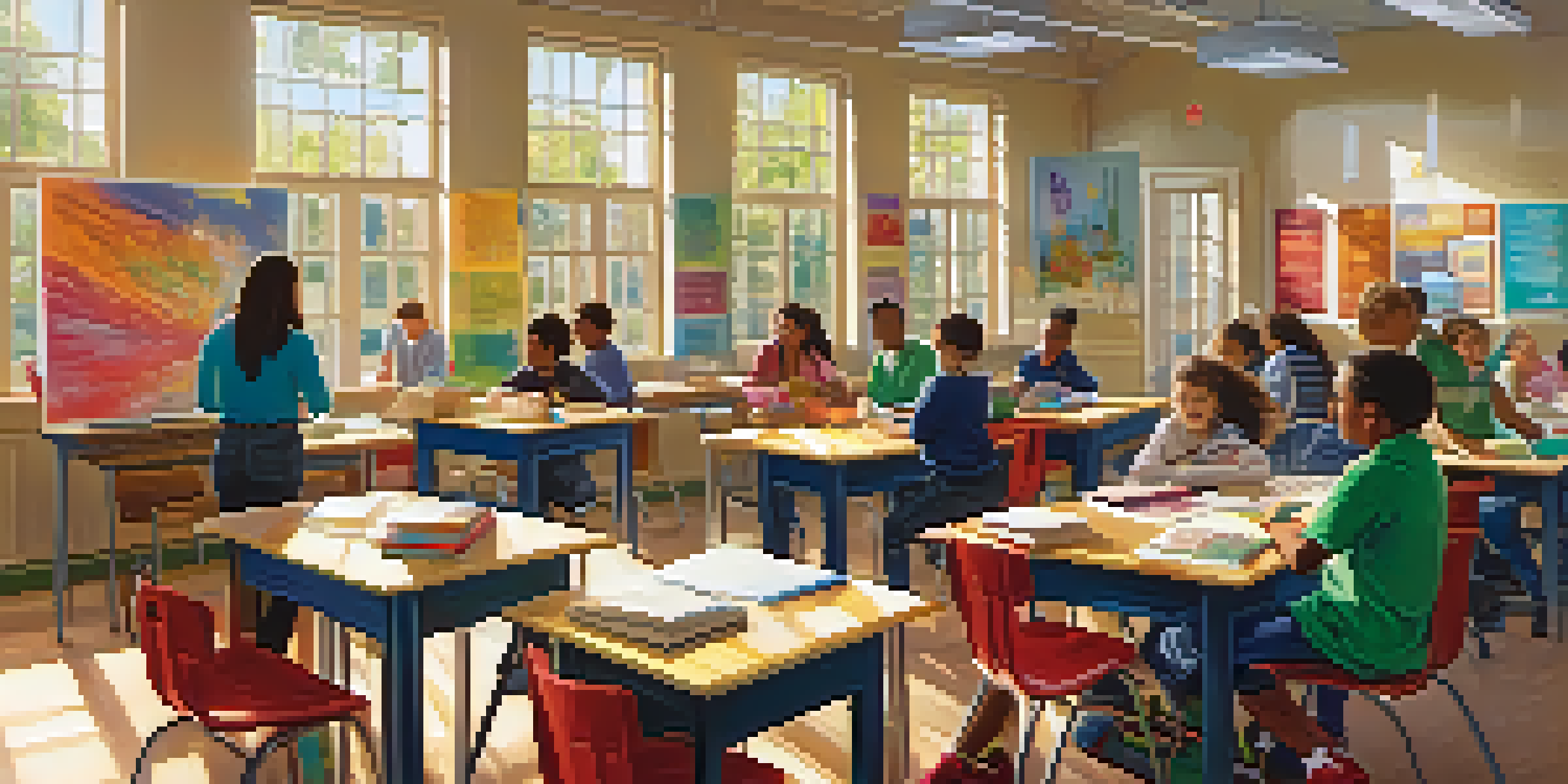 A colorful classroom filled with diverse students collaborating on projects, with sunlight streaming through the windows.