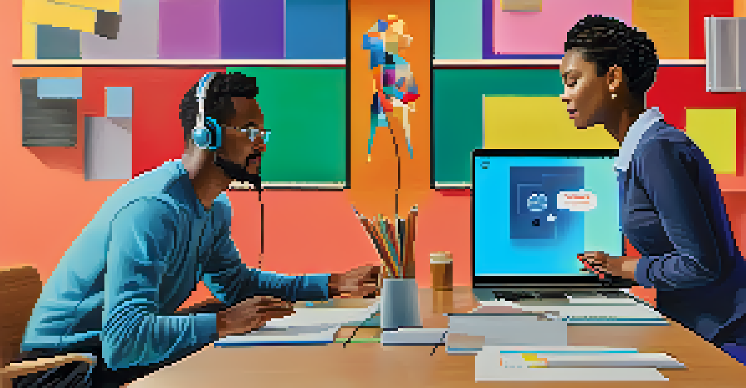 A split image contrasting AI technology with a teacher providing personal support to a student in a vibrant educational setting.