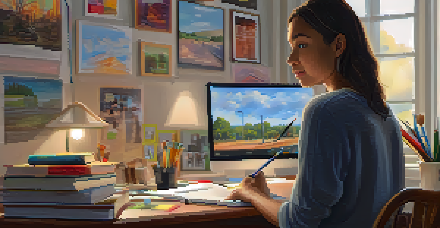 A student recording a video presentation in a cozy room filled with books and art supplies.