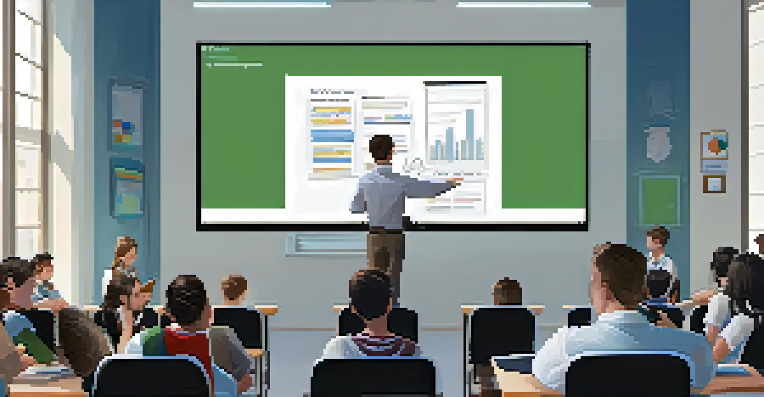 An educator leading a flipped classroom session with students engaged and taking notes while a video lecture plays on a large screen.