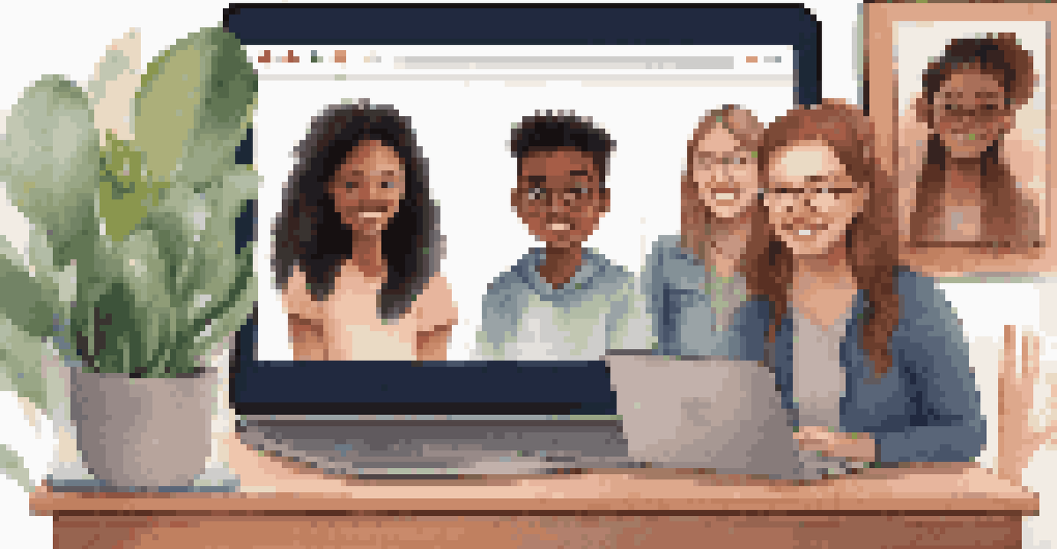A laptop screen displaying a virtual meeting with students discussing a project, in a well-organized home office.