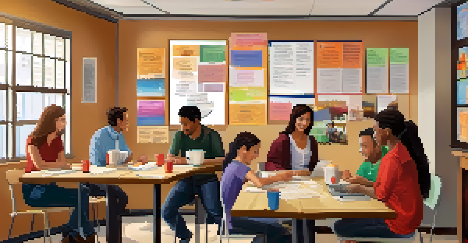A school staff room where teachers are collaborating over coffee, sharing ideas in a cozy and inviting atmosphere.