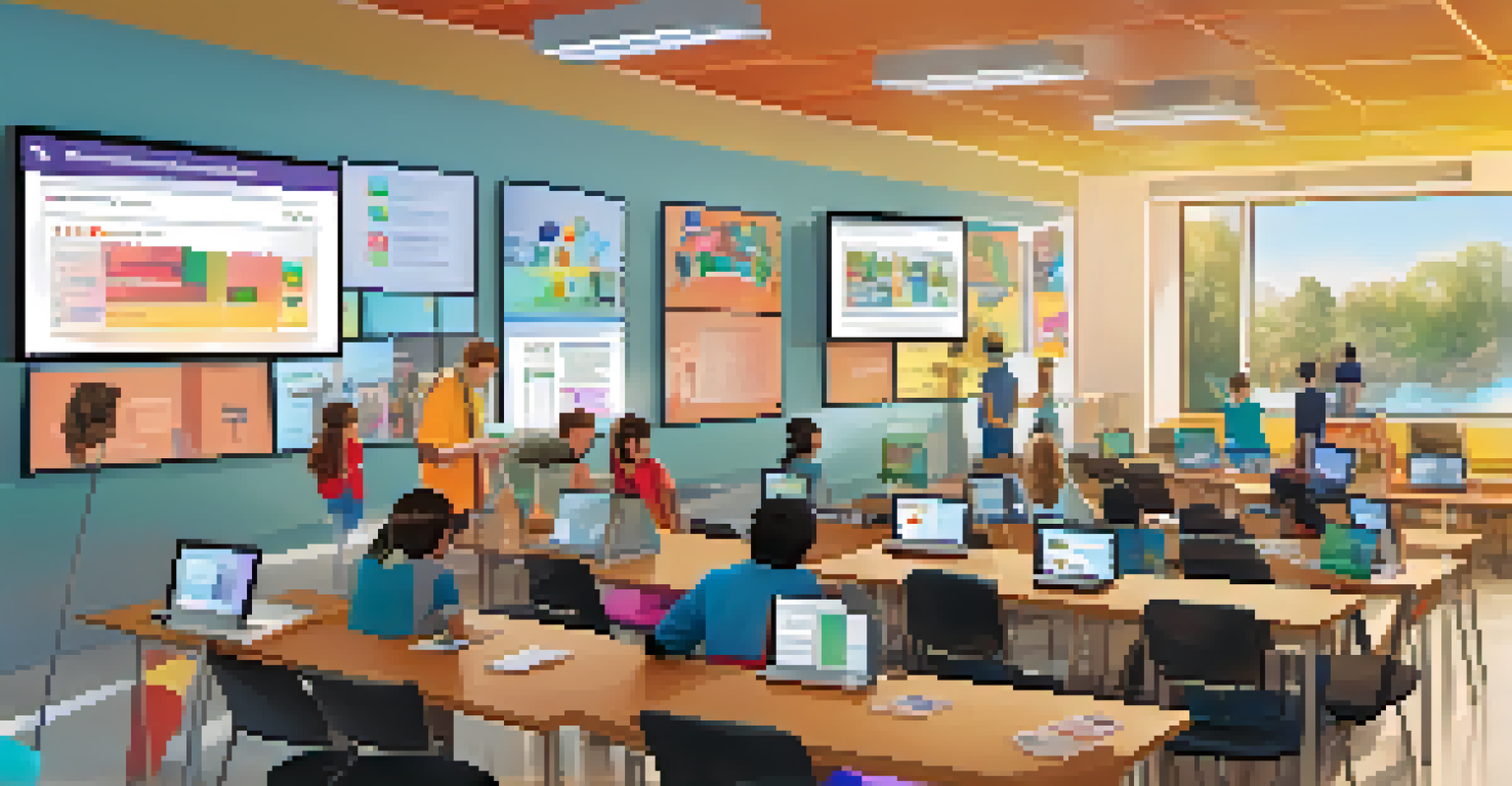 Students engaged in a game-based assessment using tablets and computers in a modern classroom.