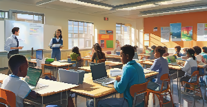 A diverse group of students in a modern classroom using laptops and collaborating on projects, with bright natural light and educational materials around them.