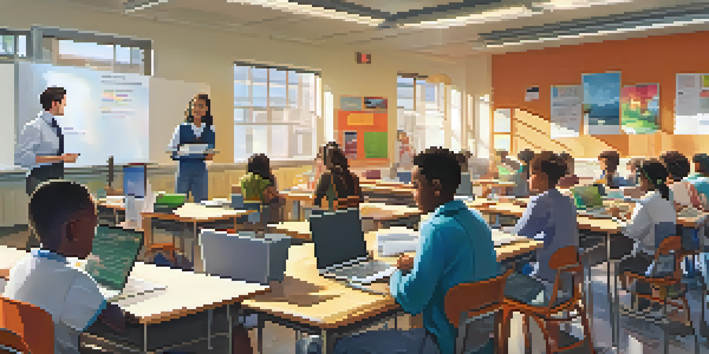 A diverse group of students in a modern classroom using laptops and collaborating on projects, with bright natural light and educational materials around them.