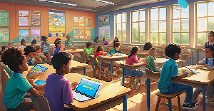 A diverse group of students in a bright classroom participating in a gamified learning activity with tablets.