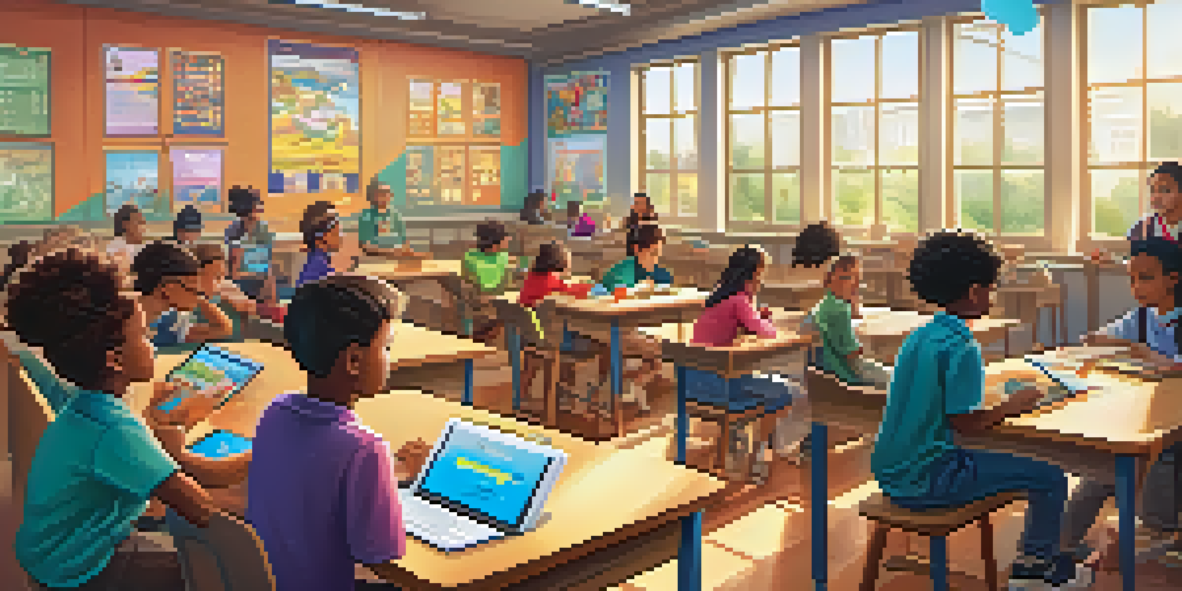 A diverse group of students in a bright classroom participating in a gamified learning activity with tablets.