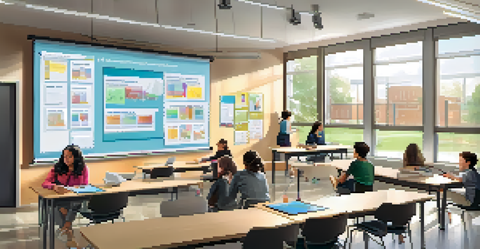 A bright and modern classroom with students using laptops and a teacher leading a discussion, showcasing a blended learning environment.