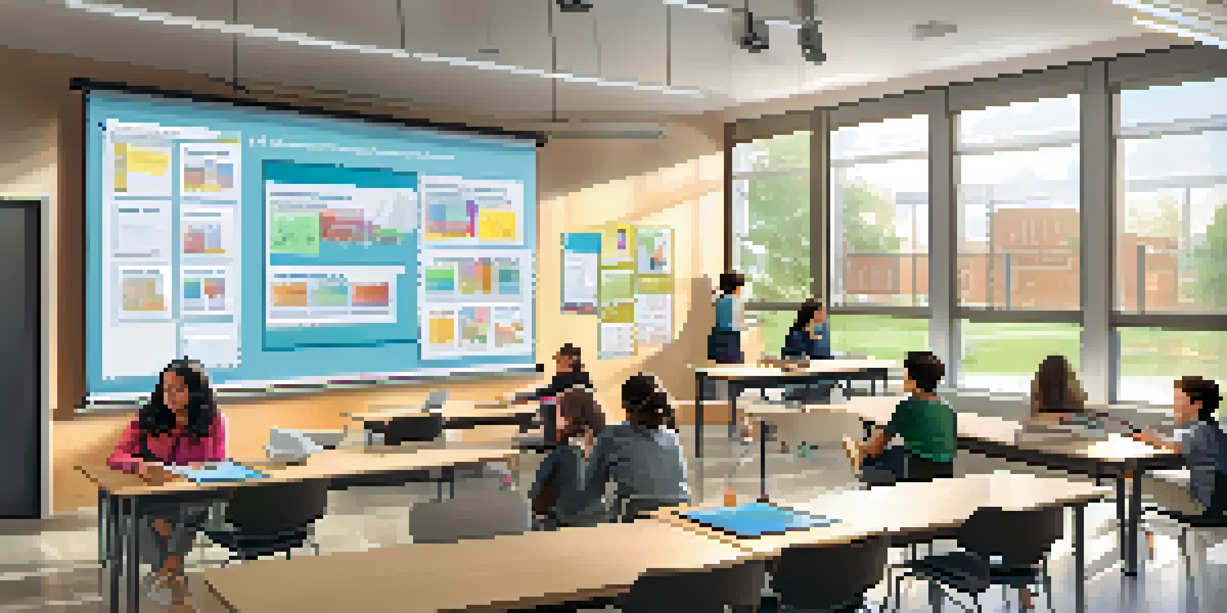 A bright and modern classroom with students using laptops and a teacher leading a discussion, showcasing a blended learning environment.