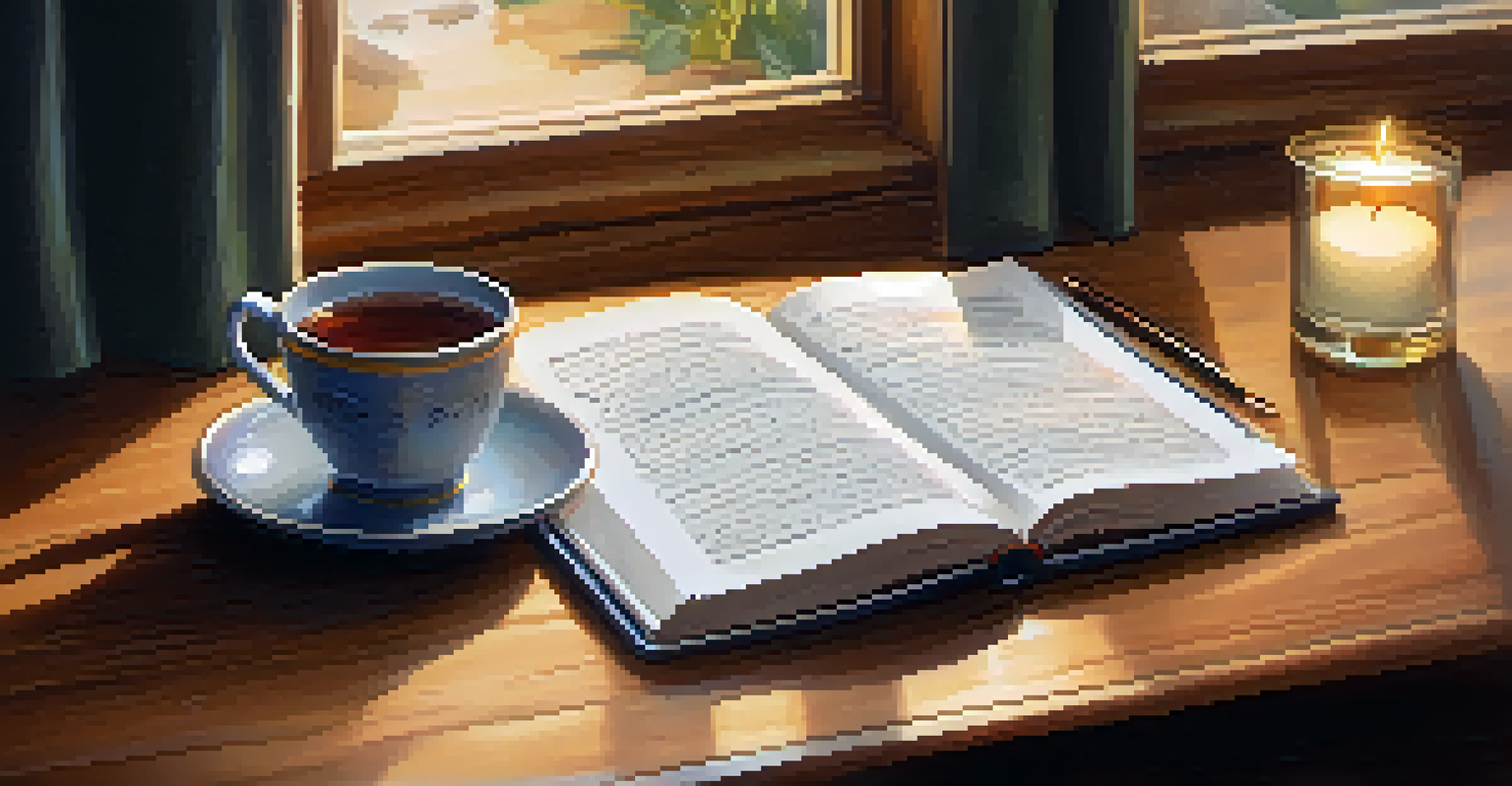 A journal with mindfulness reflections, a cup of tea, and a candle on a table.