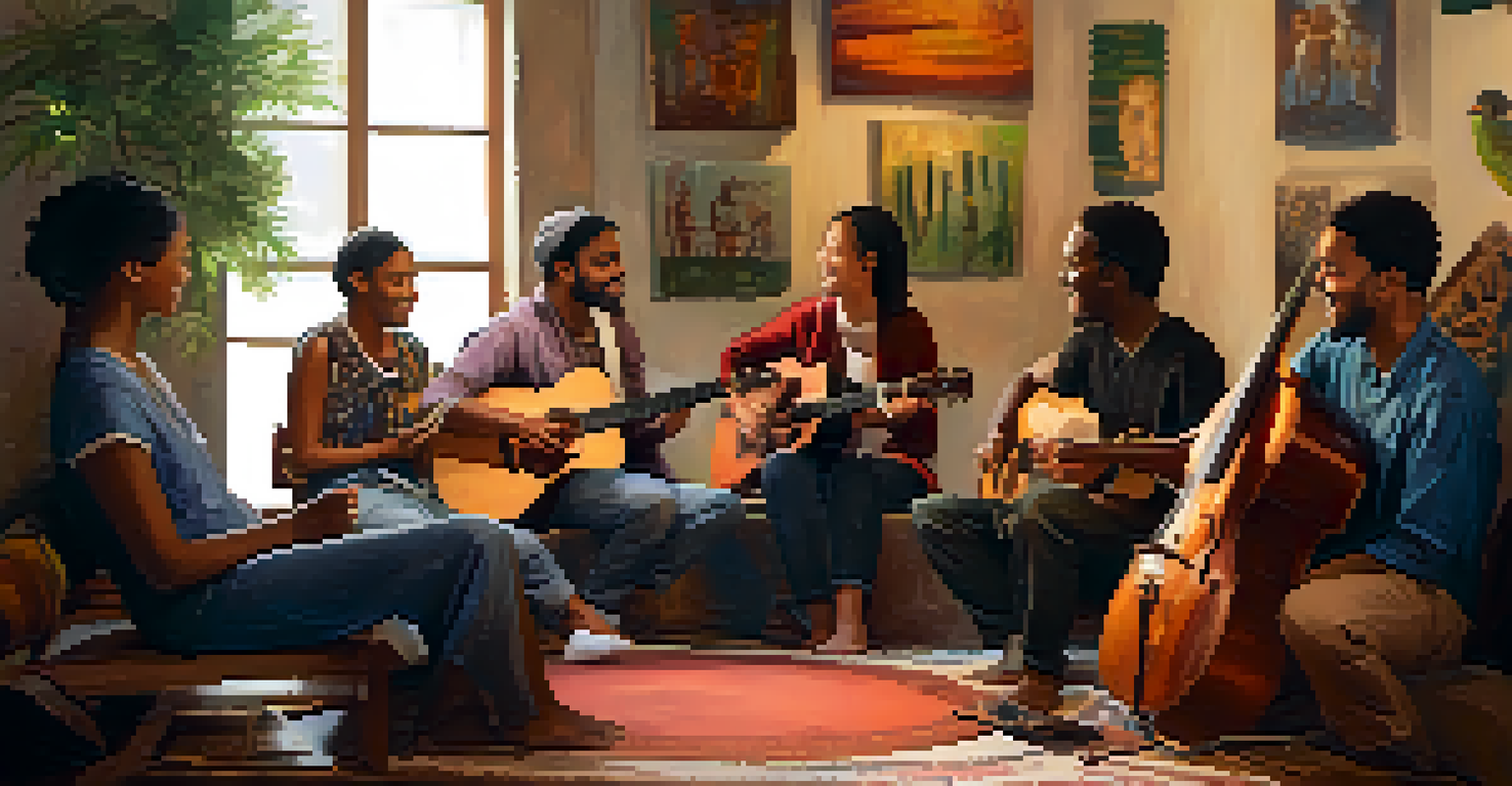 A cozy community music therapy session with individuals from various cultures sitting in a circle, playing instruments and sharing stories in a warmly lit room.