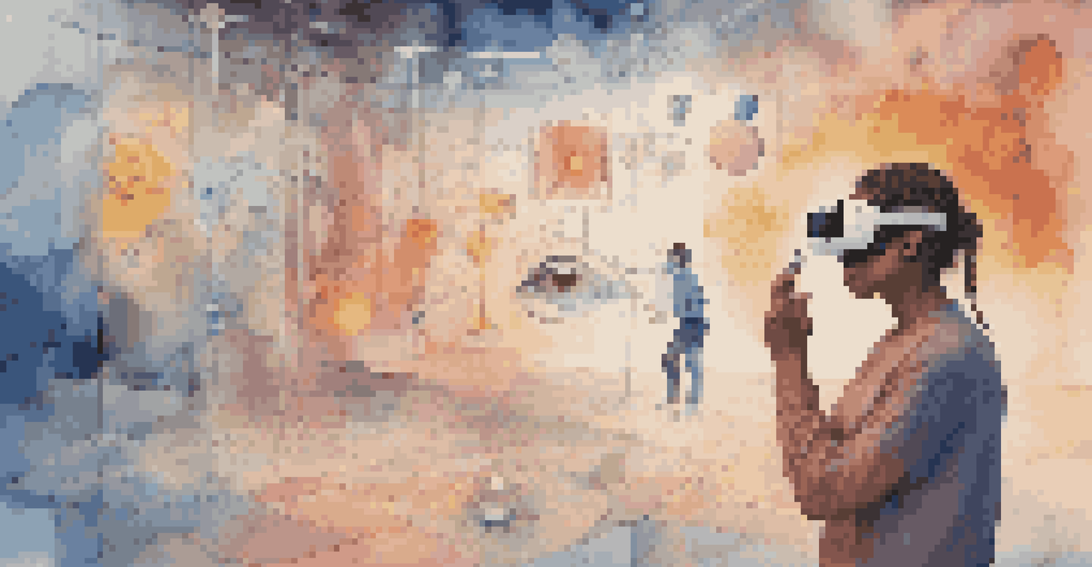 A person immersed in augmented reality, experiencing different emotions with digital symbols and expressions in the background.