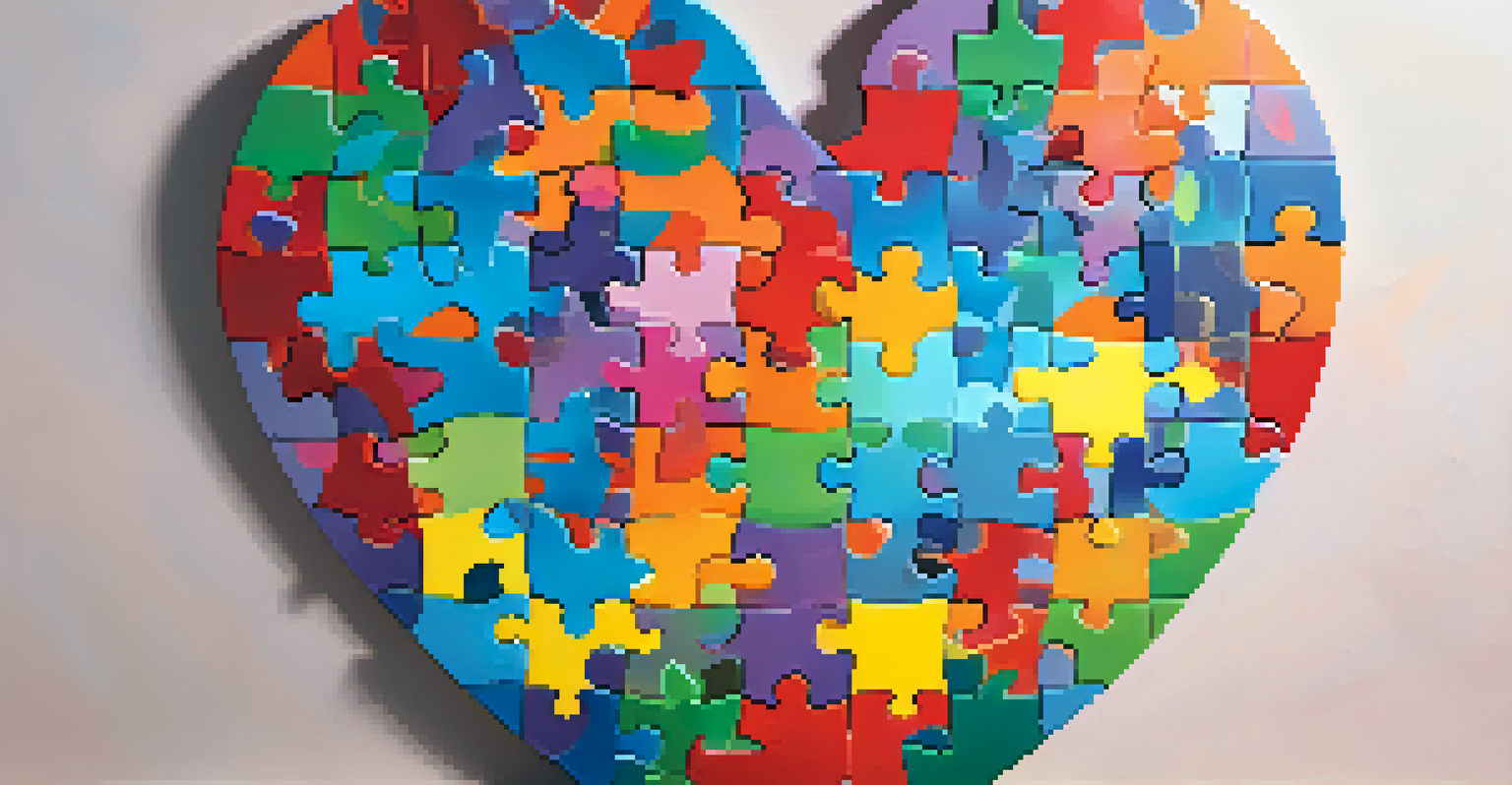 A colorful heart made of puzzle pieces, each representing different interpersonal skills, set against a soft gradient background.