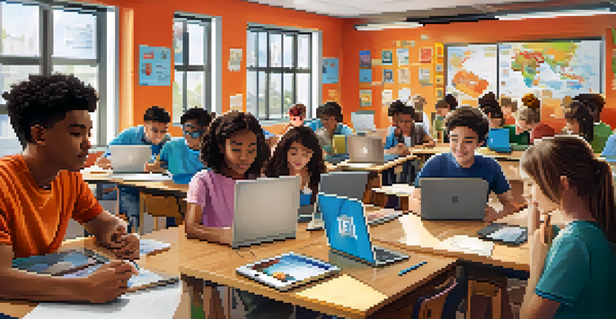 A lively classroom with diverse students using tablets and laptops, engaged in a collaborative learning environment with educational posters and a whiteboard in the background.