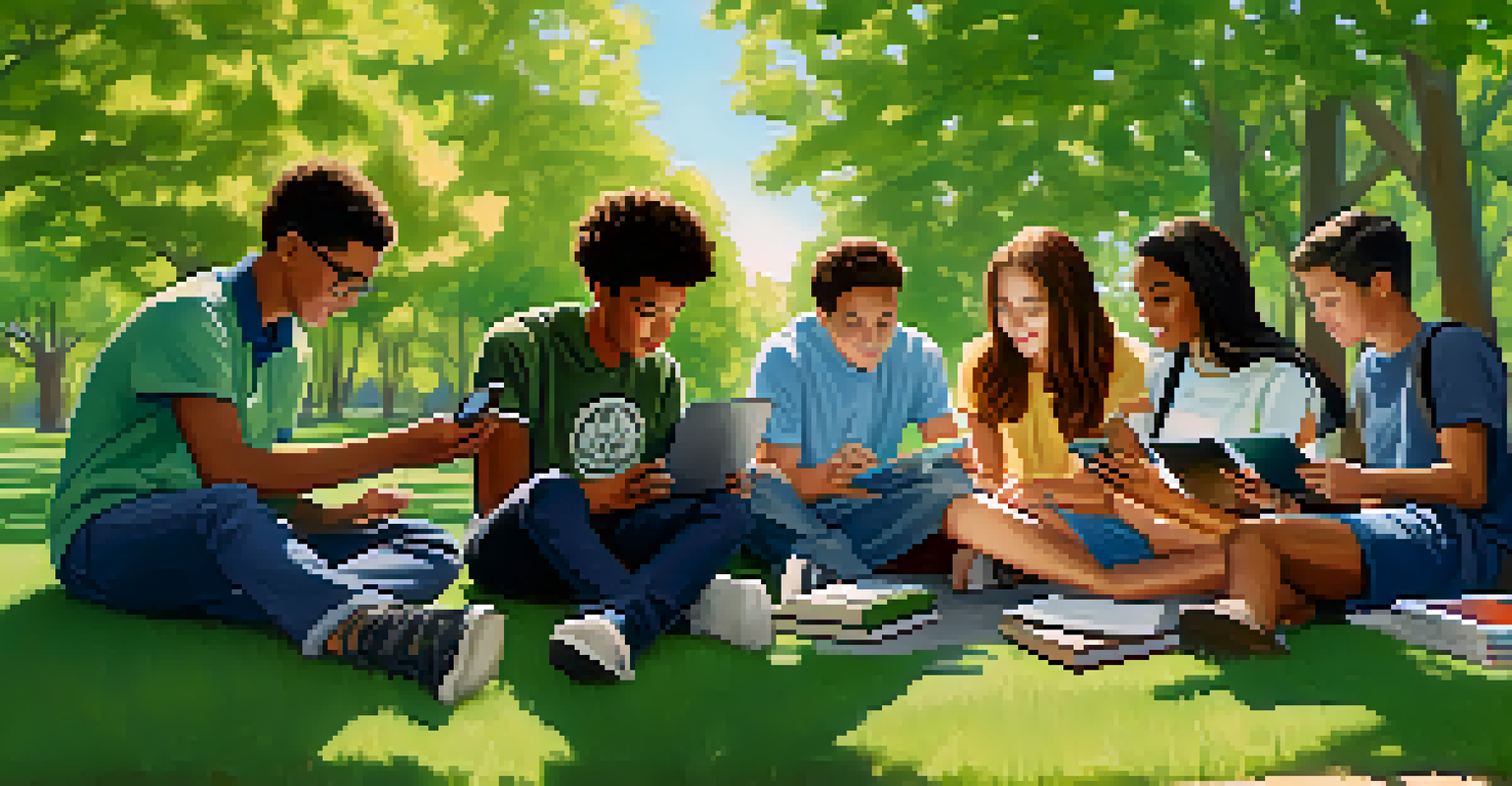 A diverse group of students in a park, using mobile devices to collaborate on a project, with trees and blue sky in the background.