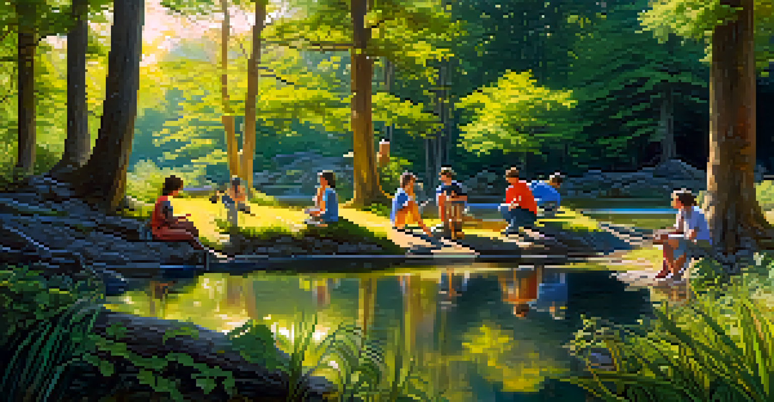 A biology student studying a local ecosystem by a pond, surrounded by nature and classmates.