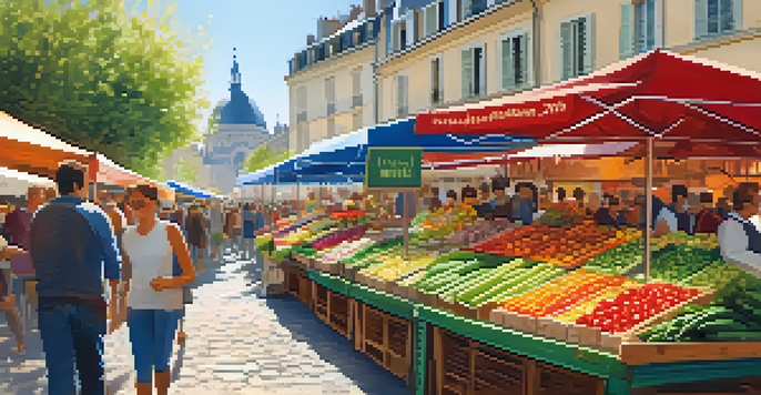 A busy French market with colorful stalls and digital labels showing item names in French.