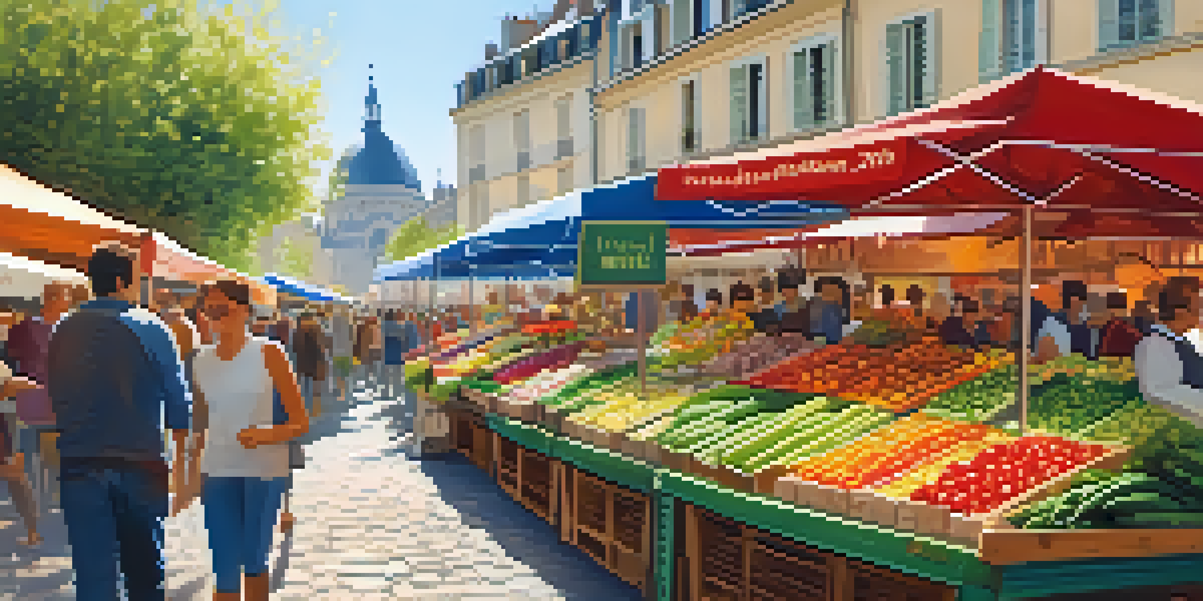 A busy French market with colorful stalls and digital labels showing item names in French.