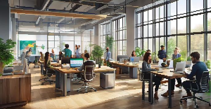 A bright office space with diverse employees collaborating at a table, surrounded by plants and natural light.