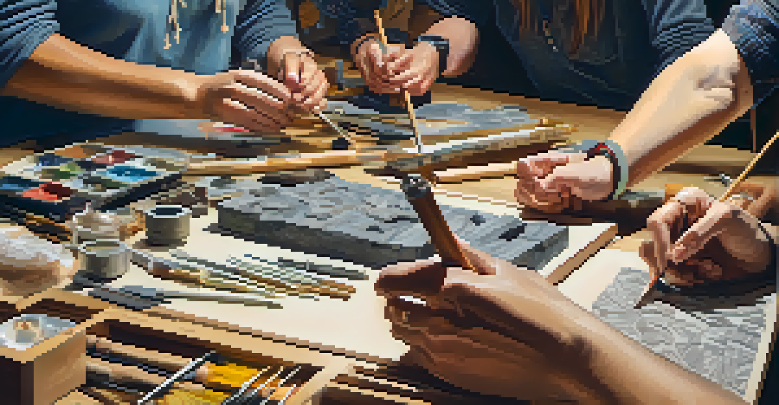 A close-up of a hands-on workshop for adult learners, showing participants working with tools and materials, with a focus on their projects.