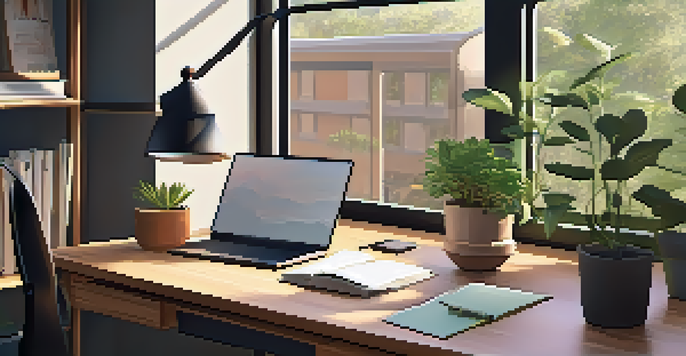 A warm and inviting study area with a wooden desk, laptop, books, and a lamp, decorated with motivational posters and a potted plant.