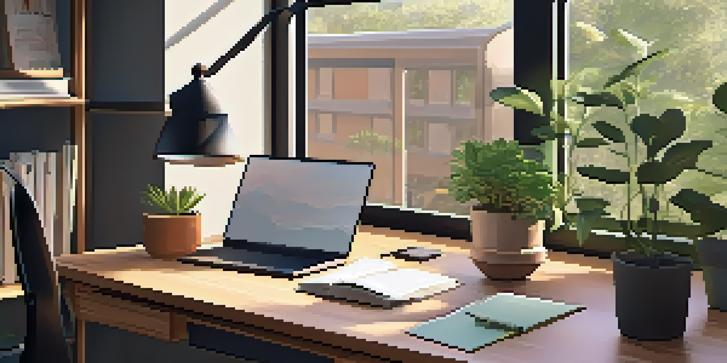 A warm and inviting study area with a wooden desk, laptop, books, and a lamp, decorated with motivational posters and a potted plant.