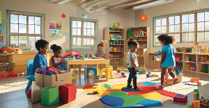 A lively classroom with children participating in various play-based learning activities, surrounded by colorful toys and art supplies.