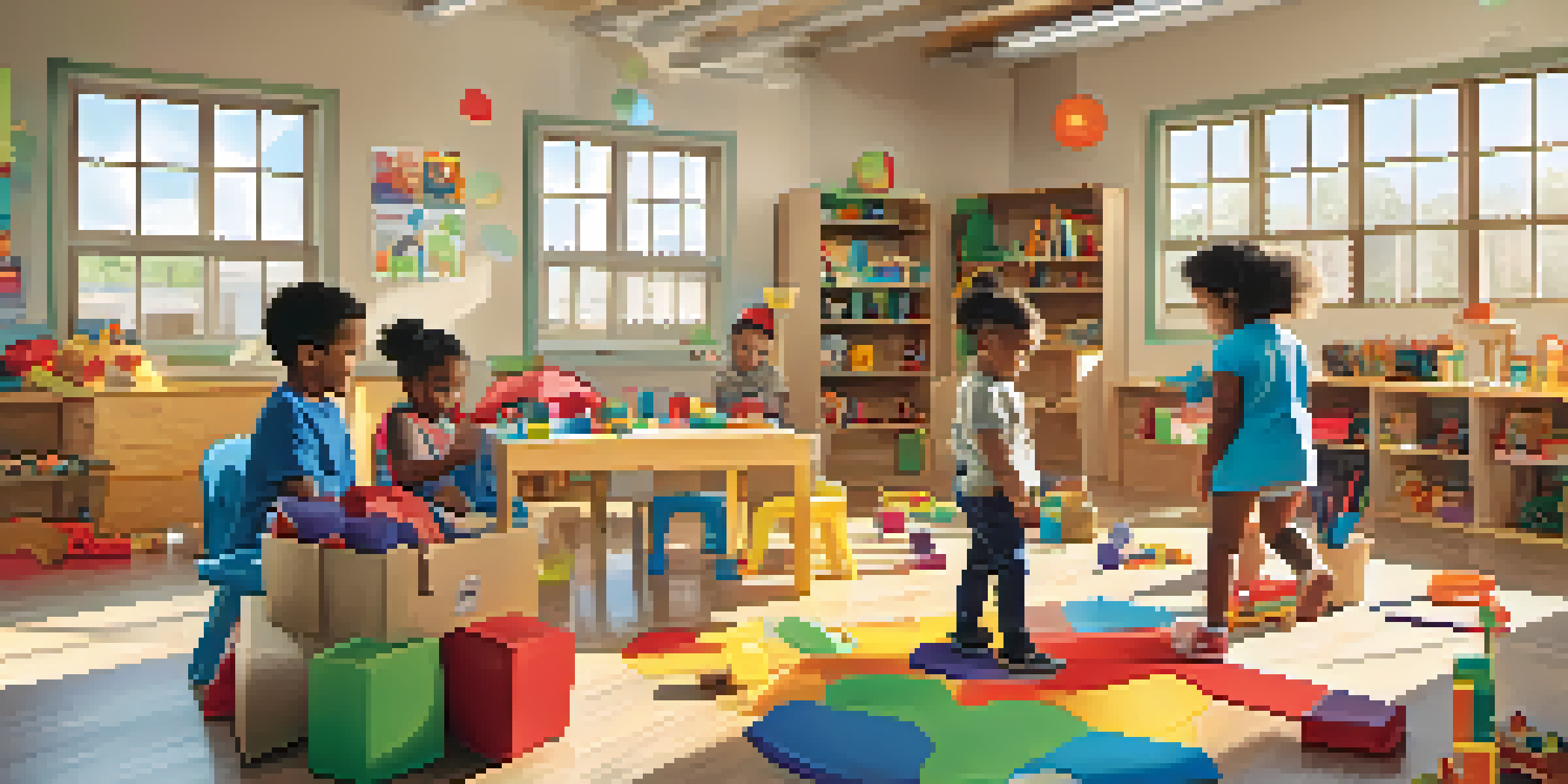 A lively classroom with children participating in various play-based learning activities, surrounded by colorful toys and art supplies.