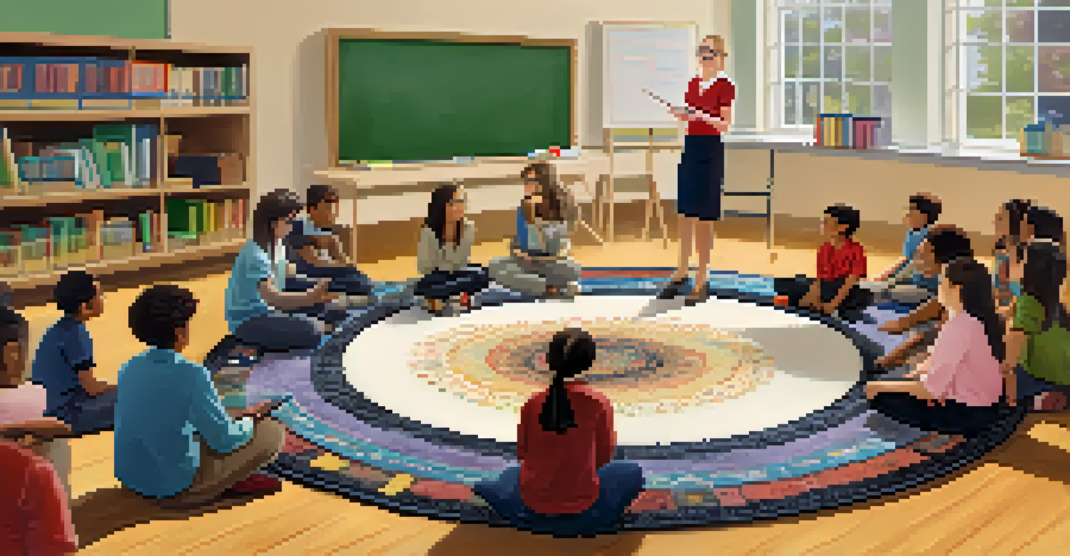 A teacher sitting on a rug with students, engaging in discussion while surrounded by books and laptops in a student-centered classroom setting.
