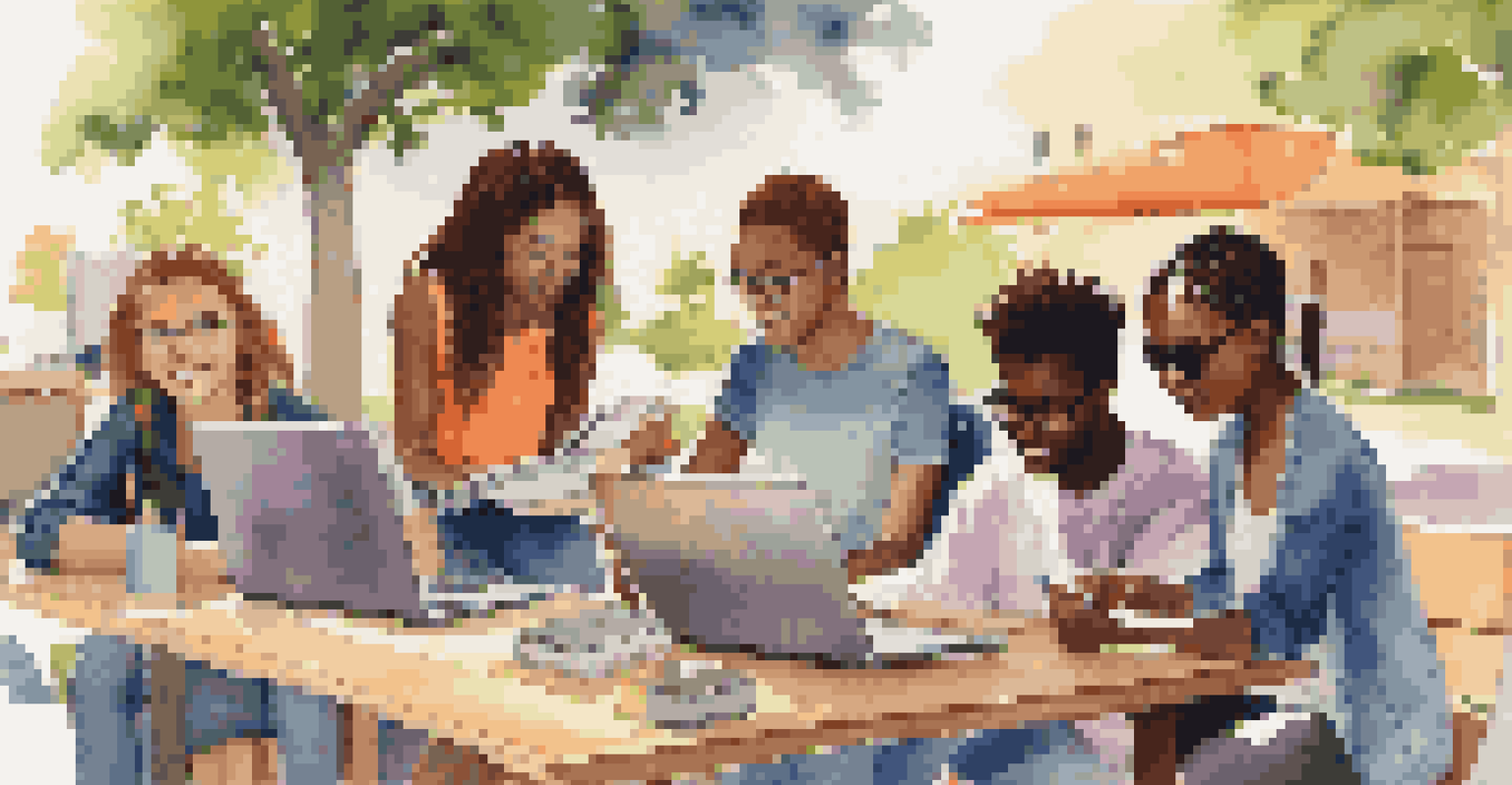 A diverse group of students working together with laptops and tablets outdoors.