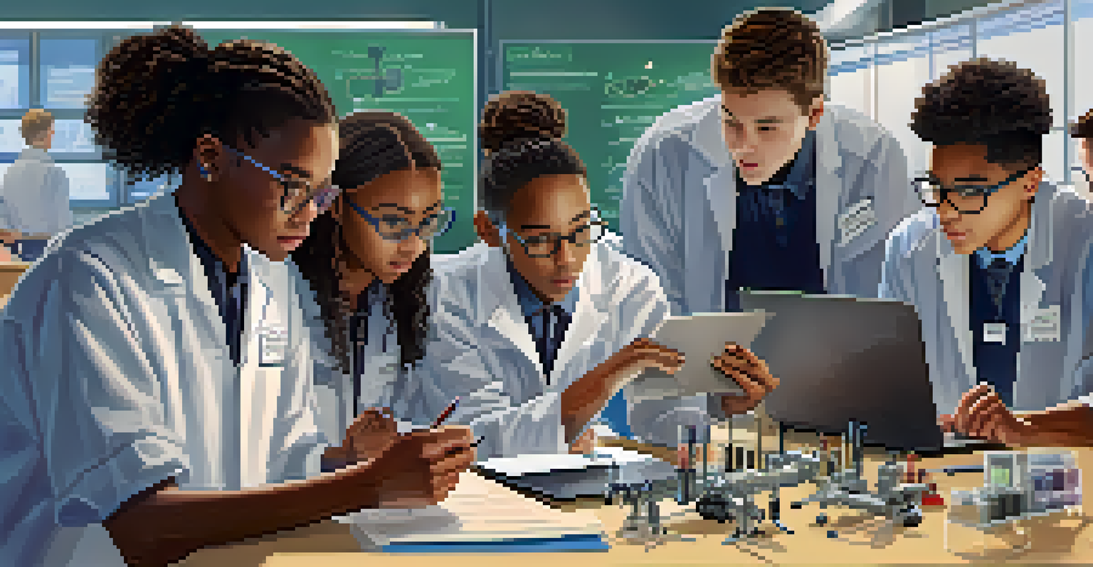 A diverse group of high school students collaborating in a science lab, using technology for their project.