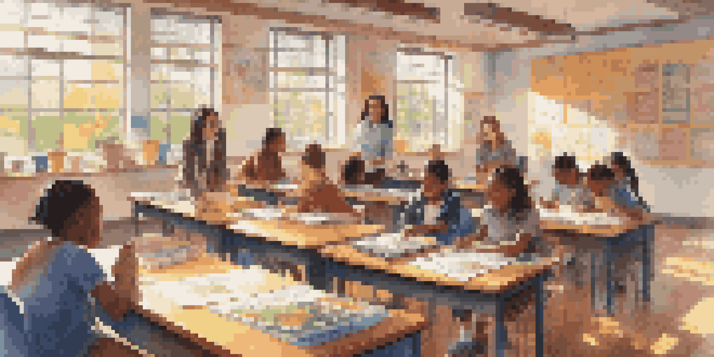 A vibrant classroom with diverse students working together on a project under the guidance of a teacher, illuminated by sunlight from large windows.