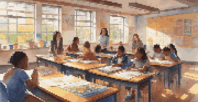 A vibrant classroom with diverse students working together on a project under the guidance of a teacher, illuminated by sunlight from large windows.