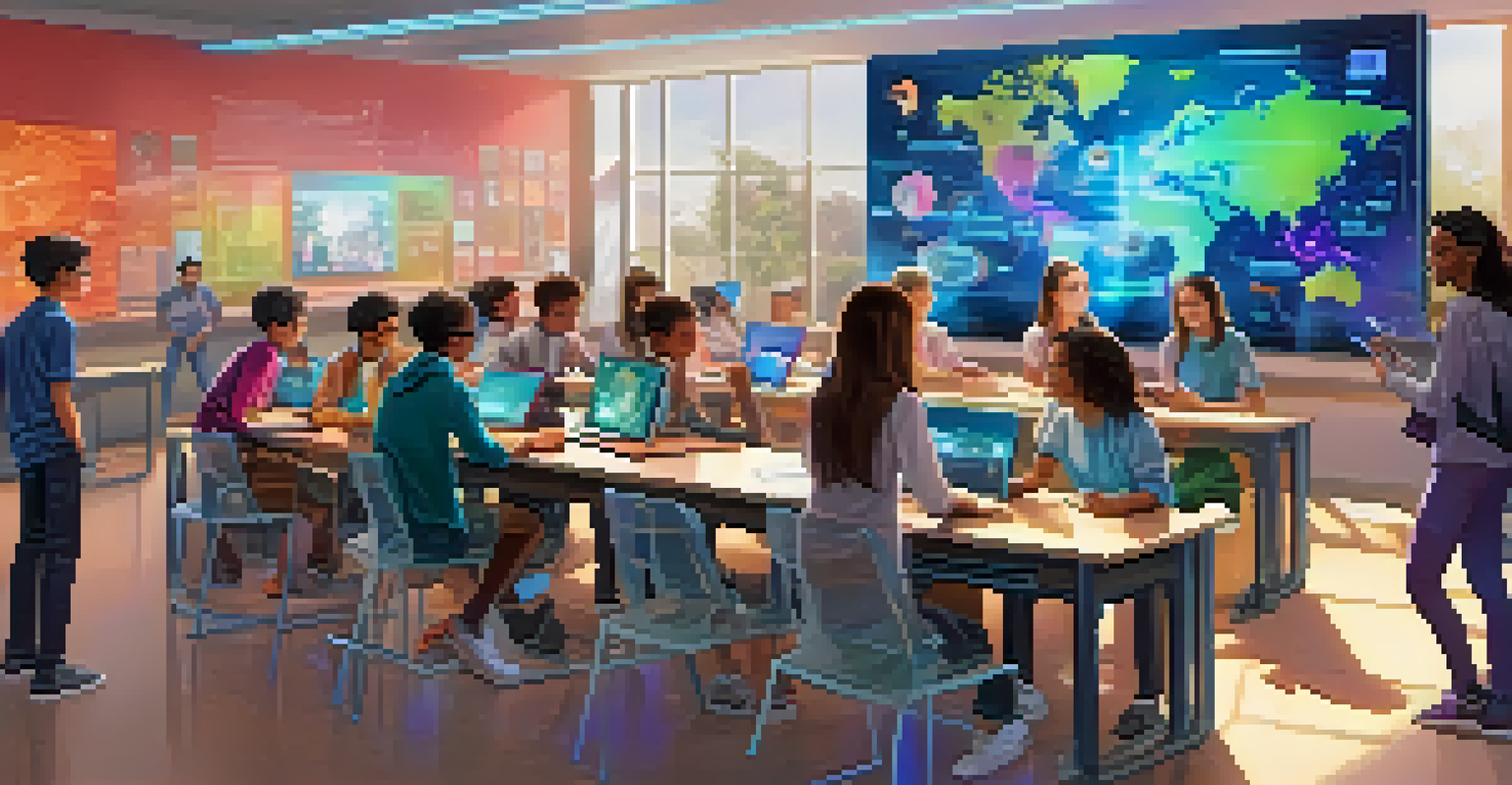 A futuristic classroom where students engage with holographic displays and AI learning tools, creating a vibrant educational atmosphere.