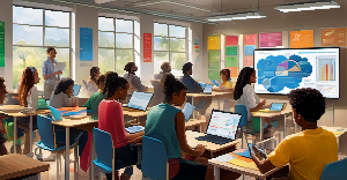 A lively classroom scene showing students engaged in various learning activities, including using laptops and headphones, surrounded by educational materials.