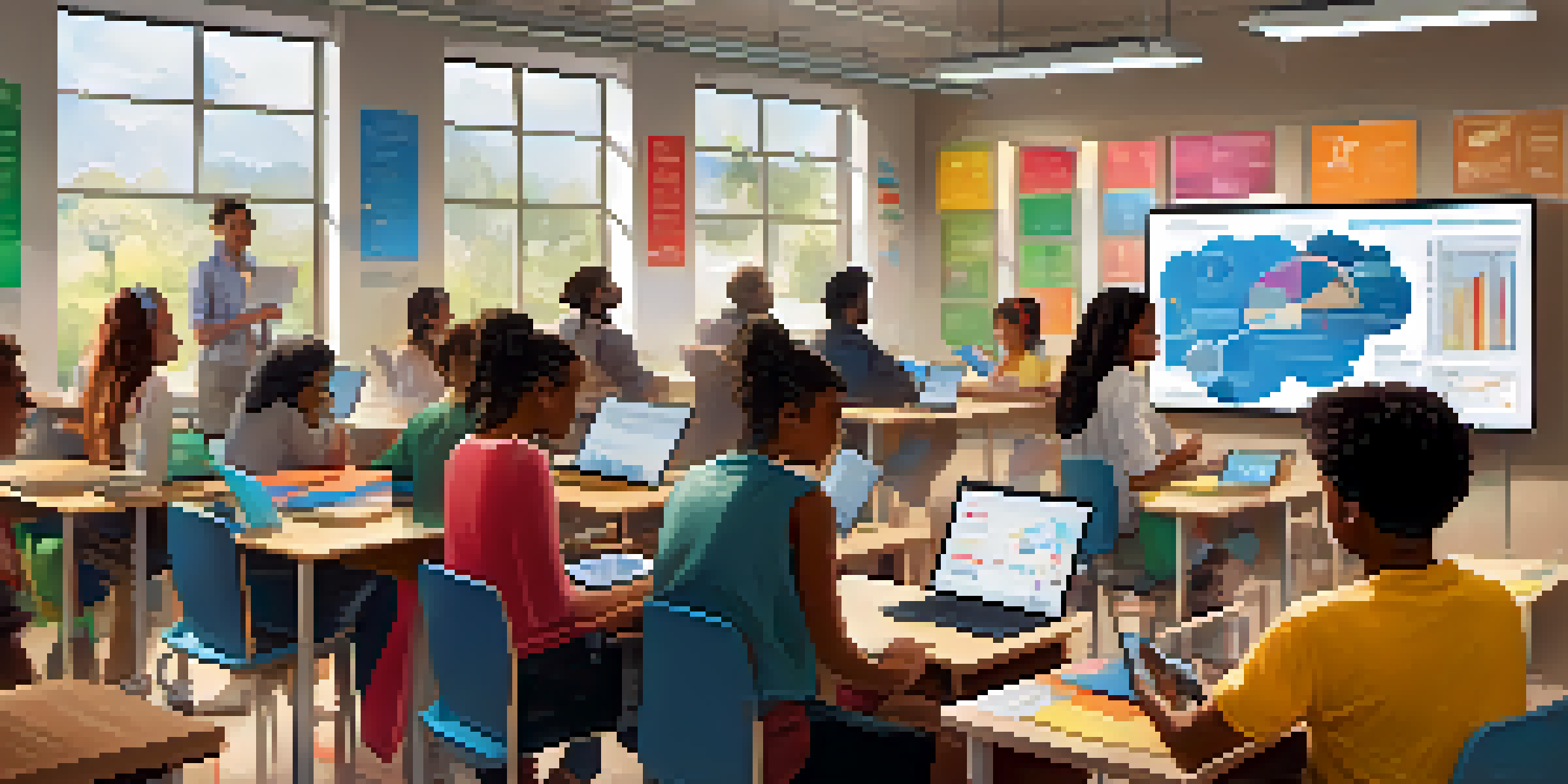 A lively classroom scene showing students engaged in various learning activities, including using laptops and headphones, surrounded by educational materials.