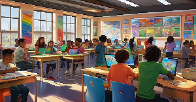 A diverse group of students in a bright classroom working together on a multiplayer game, showing expressions of excitement and teamwork.