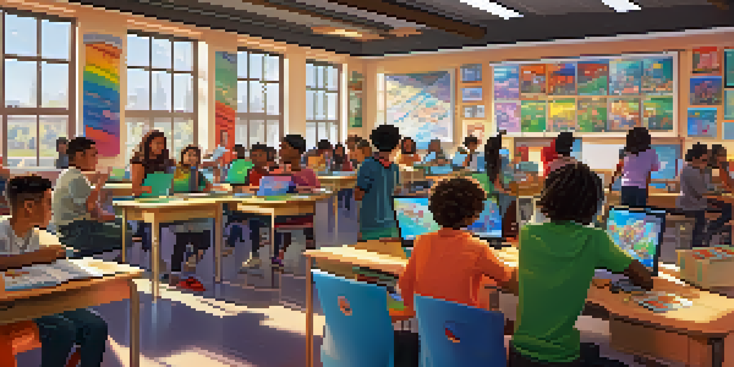 A diverse group of students in a bright classroom working together on a multiplayer game, showing expressions of excitement and teamwork.