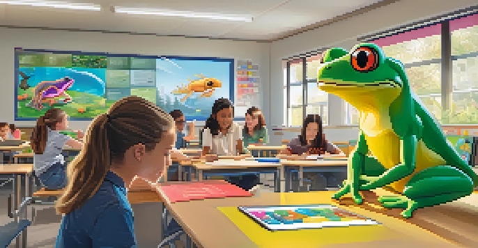 A classroom with students using augmented reality technology to visualize a virtual frog on their desks, illuminated by sunlight.