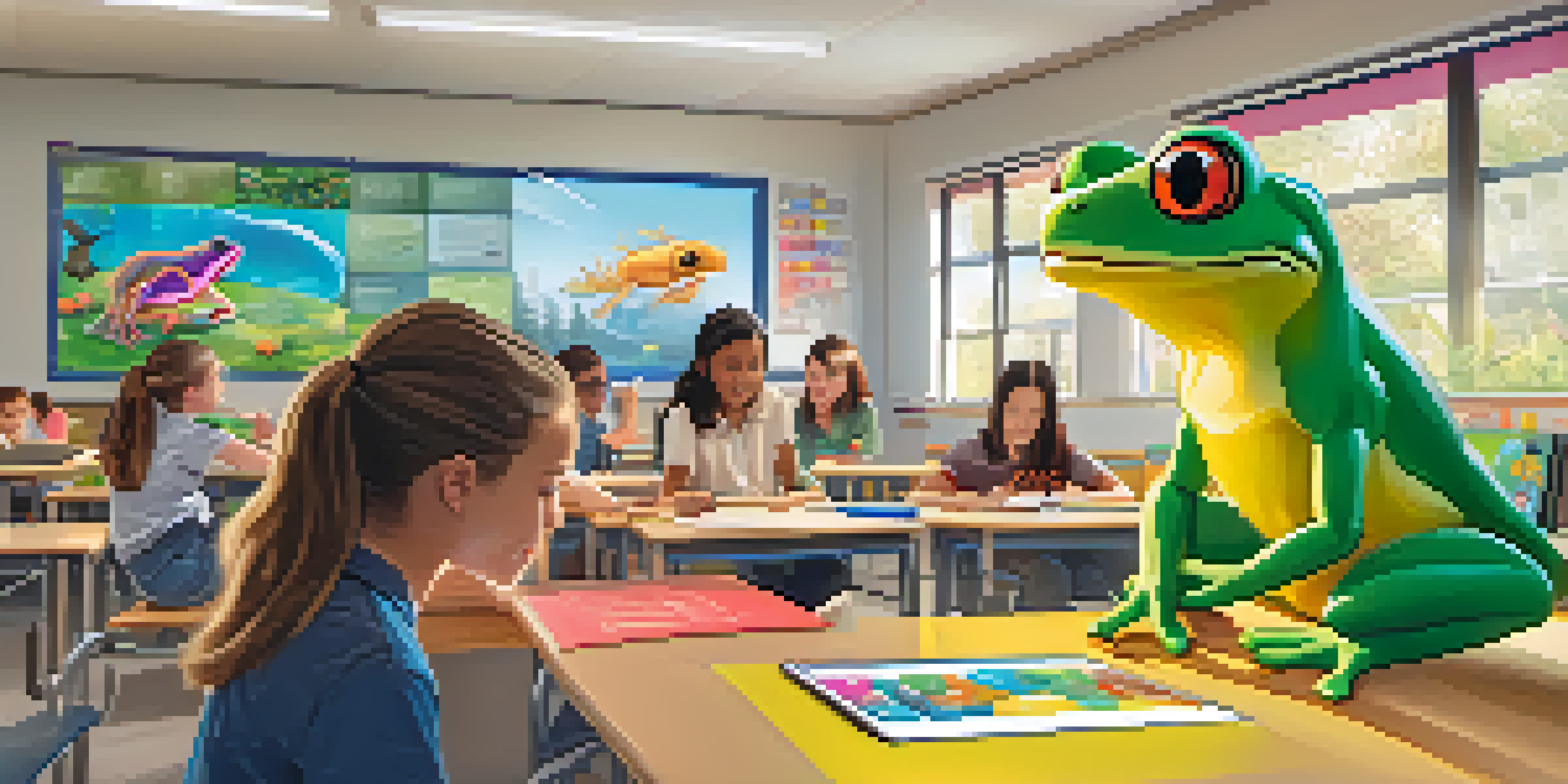 A classroom with students using augmented reality technology to visualize a virtual frog on their desks, illuminated by sunlight.