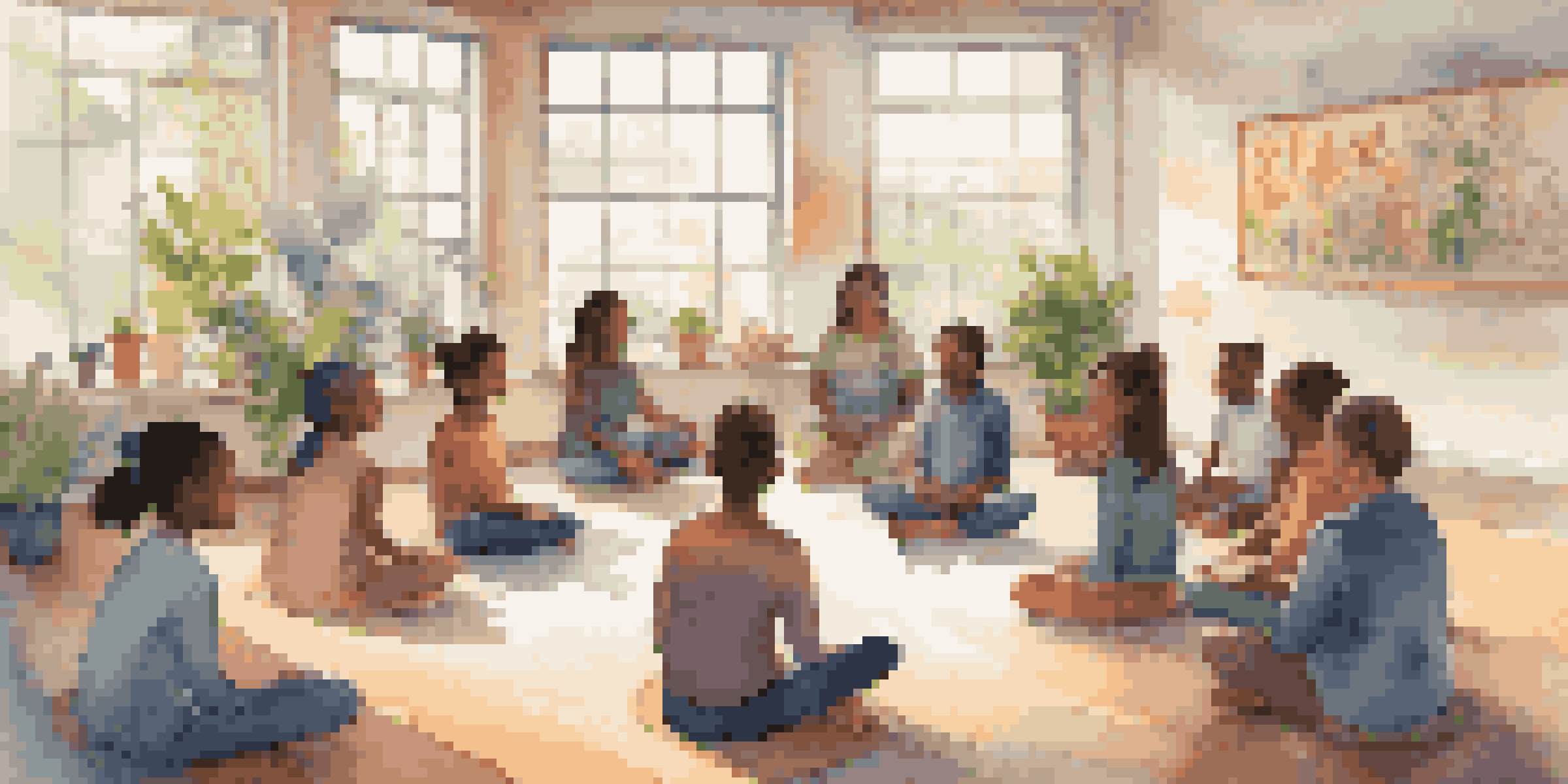 A classroom with students participating in a mindfulness session led by a teacher, surrounded by natural light and colorful decorations.