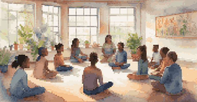 A classroom with students participating in a mindfulness session led by a teacher, surrounded by natural light and colorful decorations.