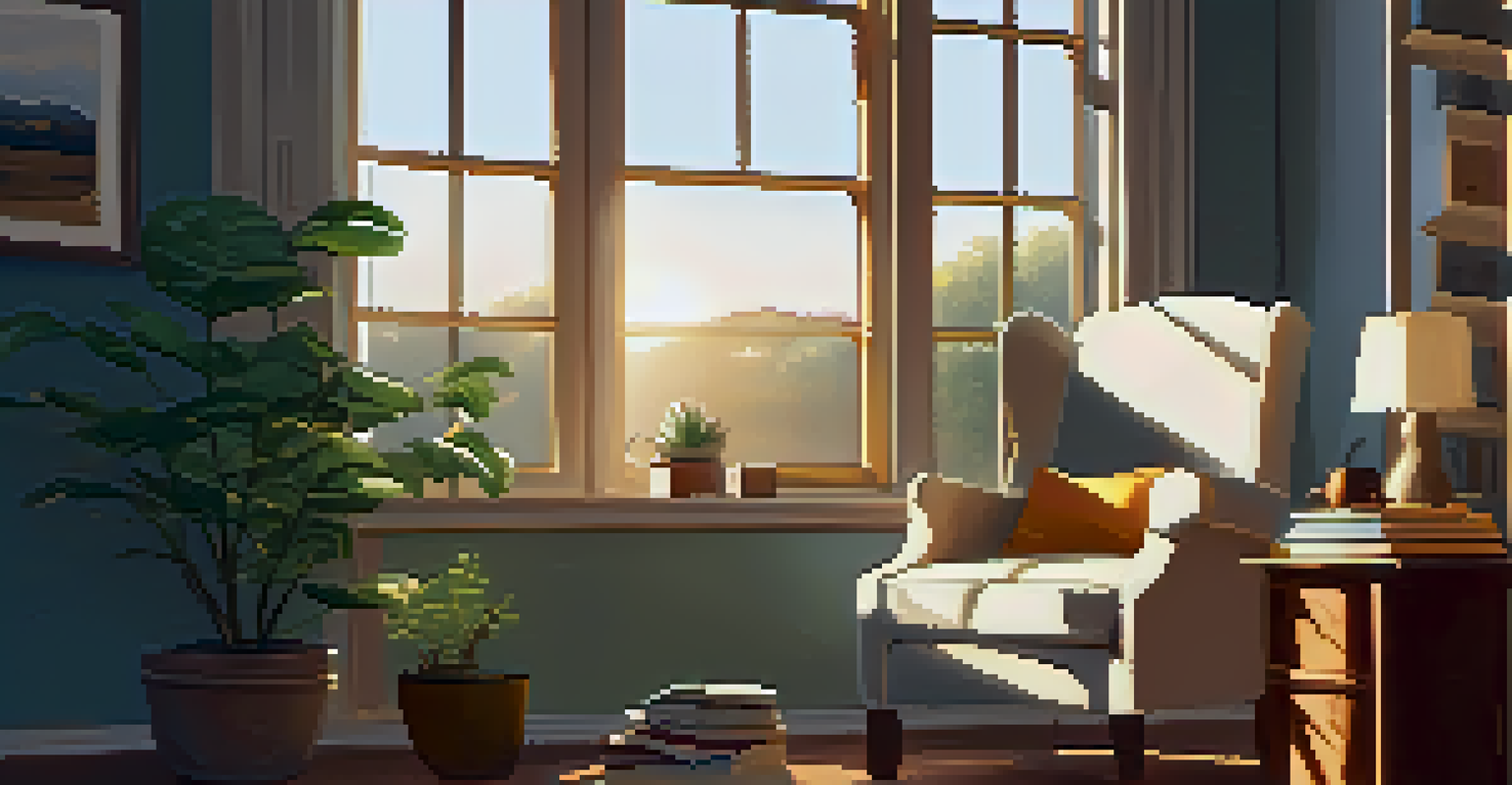 A cozy reading nook with an armchair, blanket, and a cup of tea by a window, bathed in warm sunlight.