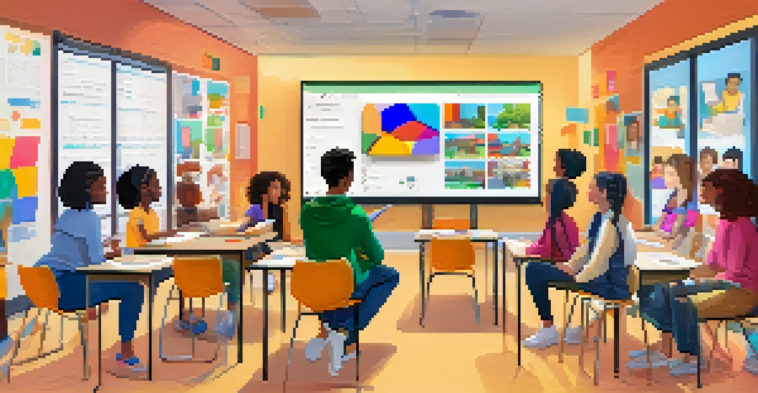 A virtual classroom with students on a video call, interacting with a teacher and colorful educational charts in the background.