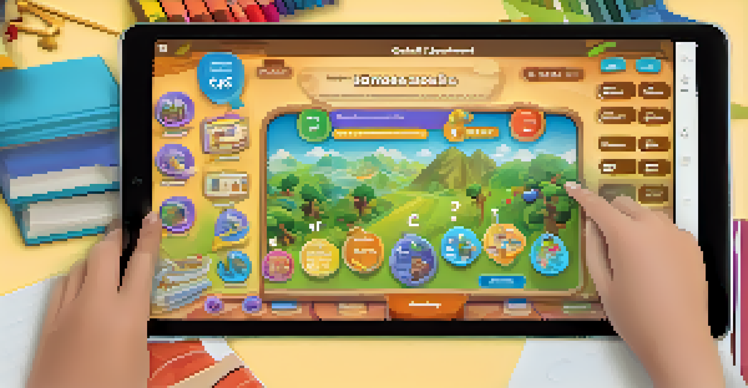 A tablet displaying a vibrant AI-powered educational game interface with character selection and interactive learning paths, highlighting personalized education.