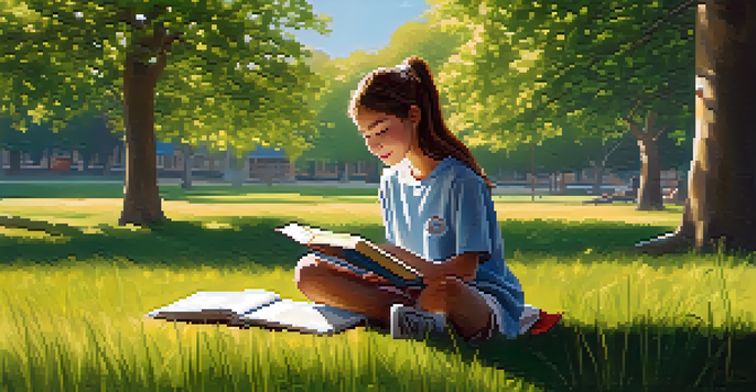 A student enjoying a break outdoors with a book, emphasizing balance between screen time and well-being.