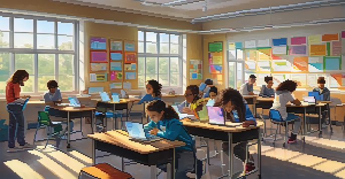 A diverse group of students in a colorful classroom engaged in various projects, using technology, with sunlight streaming in.